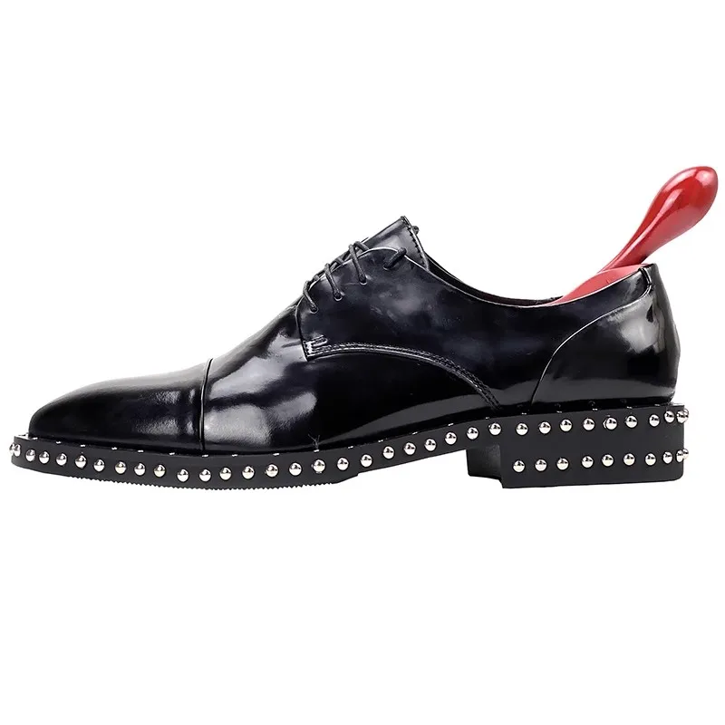 Flat men's shoes spring rivet lace-up highlight leather shoes banquet formal wear large size small size square heel leather shoe