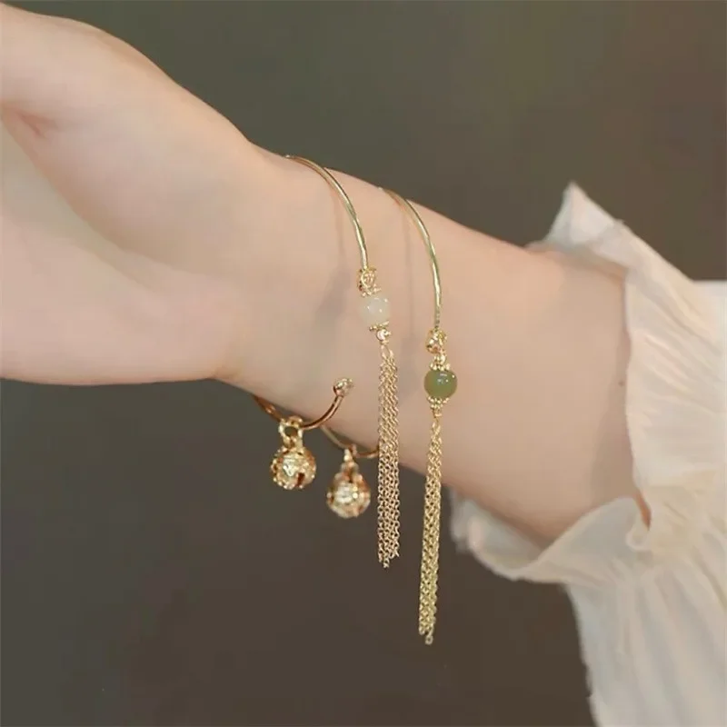 Imitation Jade Lucky Transshipment Stone Bead Bell Tassel Bracelet for Women Girl Ethnic Wind Jasper Bracelets Jewelry Gifts