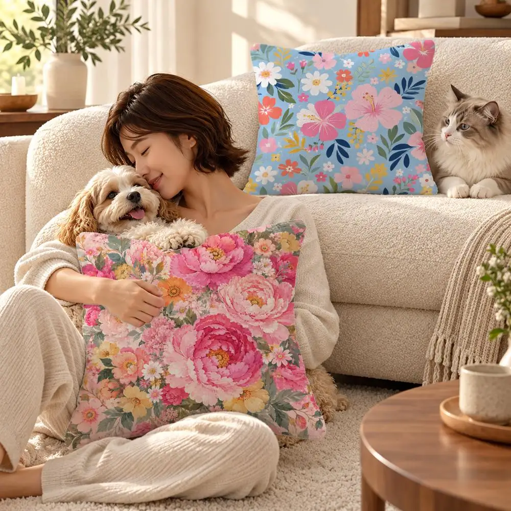 Beautiful Pattern Fresh Floral Cushion Cover Soft Short Plush Throw Pillowcase Sofa Bedroom Home Decor Holiday Gift