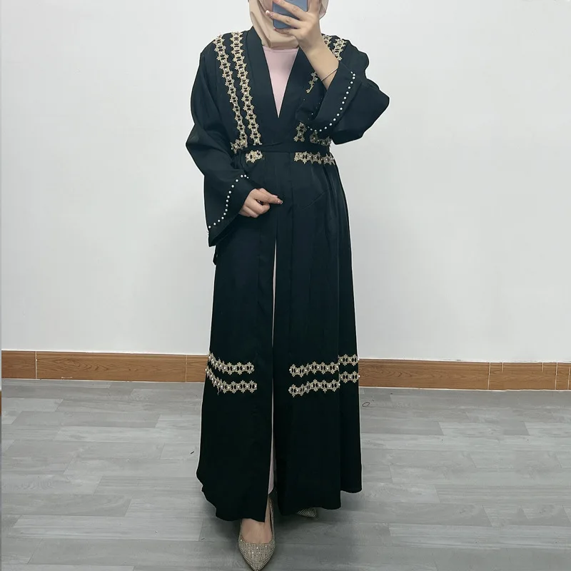 

Embroidered Muslim Swimsuit Fringe Dubai Abaya Lace Long Dress Flowy Kaftan Robe for Women