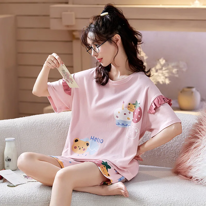 Spring Summer Pure Cotton Womens Pajama Sets Sexy Black Nightwear Casual Pyjama Long Pants Sleepwear Suits Homewear Fashion