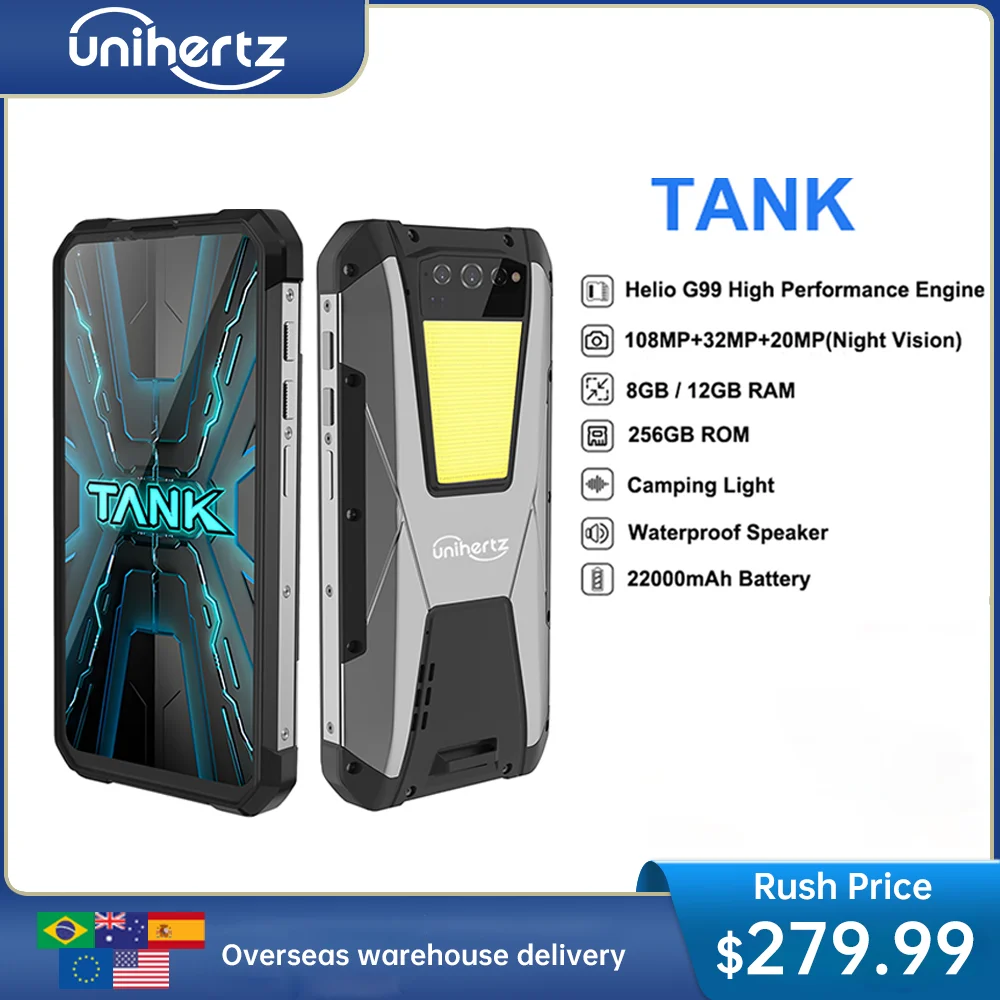 Unihertz TANK Rugged Night Vision Smartphone, Cell Phone, Mobile Phone, 22000 mAh, 8GB, 256GB, 108M Camera, 66W PD, Helio G99