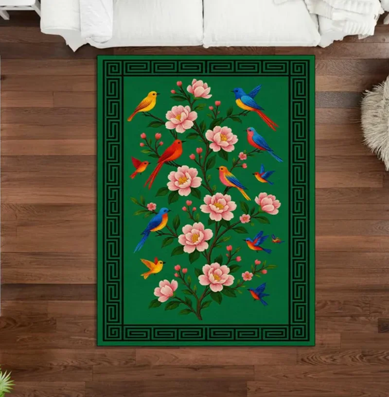 Green Oriental Birds Flowers Area Rug, Chinese Style Living Room Carpet Living Room, Bedroom, Home Decor, Carpet