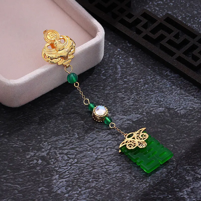 Chinese Traditional Auspicious Double Happiness Dry Green Gold Plated Cheongsam Lapel Pendant Lucky Blessing Hanfu Accessory Vin