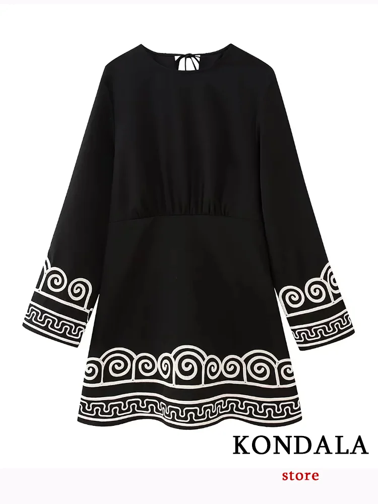 KONDALA Vintage Women Dress Embroidery Geometric O-Neck Mini Dress New Fashion 2023 Autumn Long Sleeve Elegant Indie Folk Dress