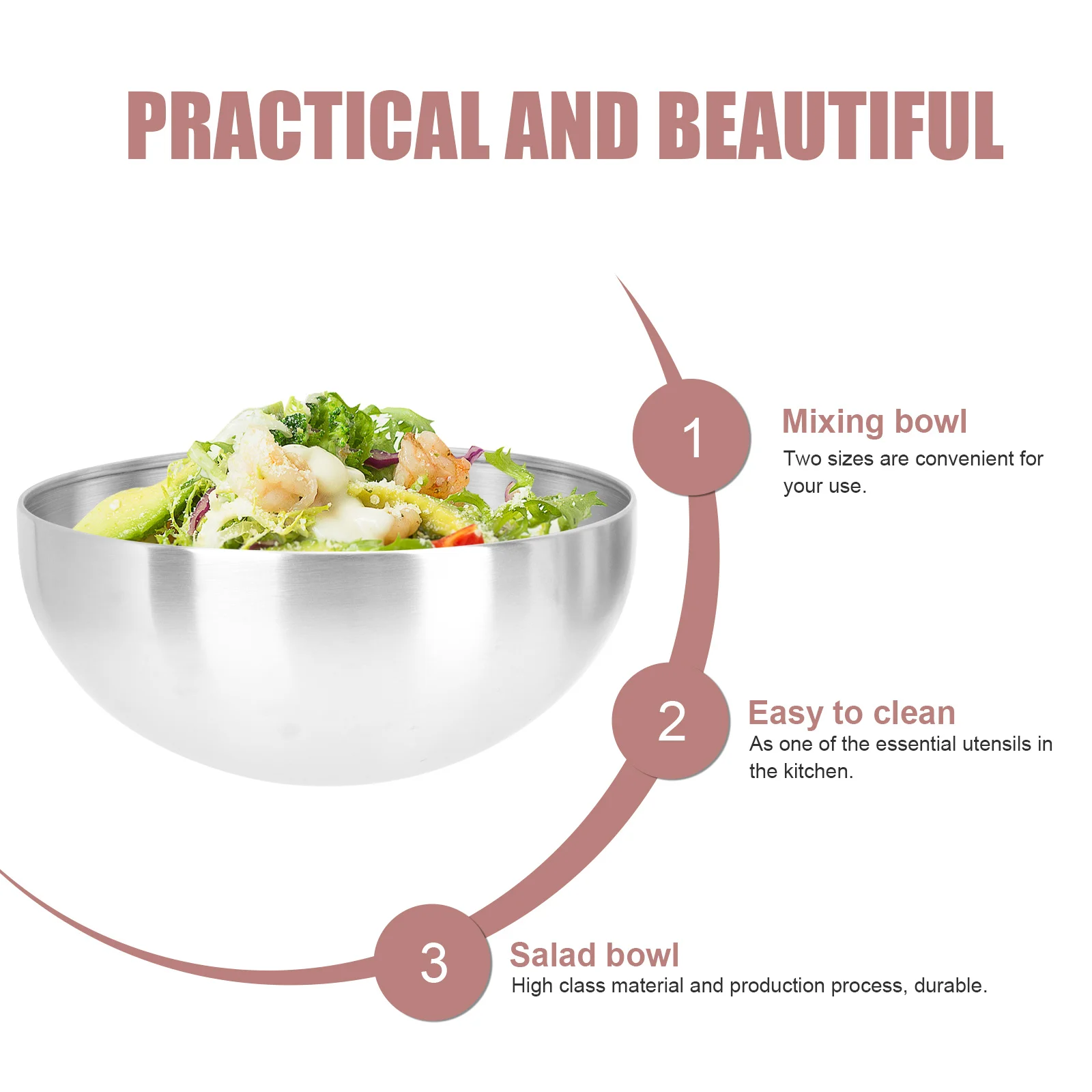 

3Pcs Salad Bowls Stainless Steel Multi-Function Fruit Storage Dessert Kitchen Serving Bowls Stainless Steel Bowl