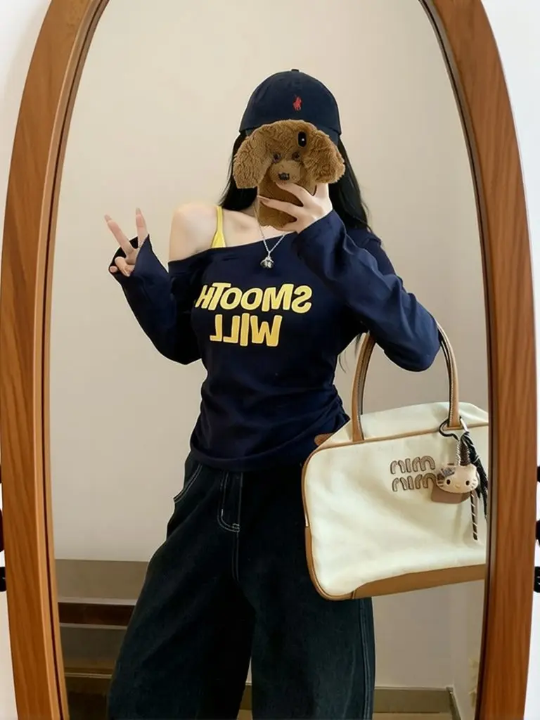 Elegant Fake Two-piece One Shoulder T Shirt Woman Txt Top with Straps Ruched Fitted Long Sleeve T Shirt Basic Tees Off Shoulder
