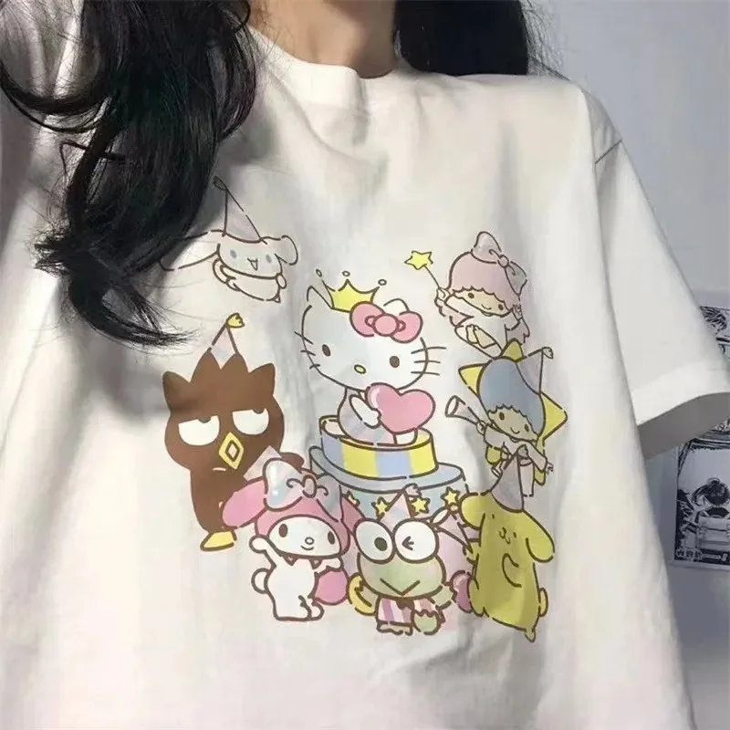 Sanrio Hello Kitty Kuromi Cinnamoroll T-Shirts Tee Tshirt Kawaii Summer Clothes For Women Y2k Girls Anime Female Family Clothing