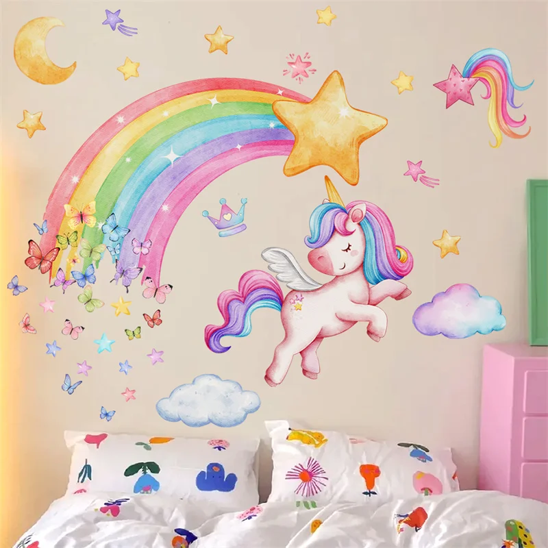 Unicorn Wall Stickers for Children Girl Wall Stickers Kids Room Pony Stickers for Wall Baby Bedroom Rainbow Unicorn Wallpaper