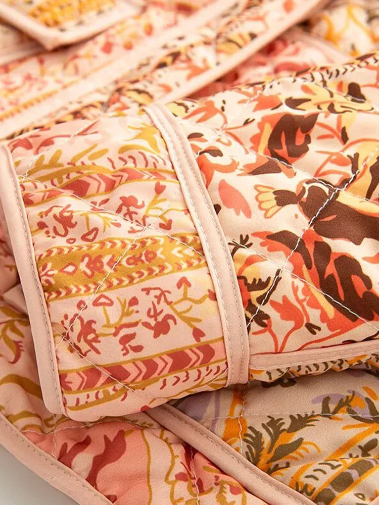 European and American autumn and winter new women's loose versatile stand-up collar positioning printed cotton coat