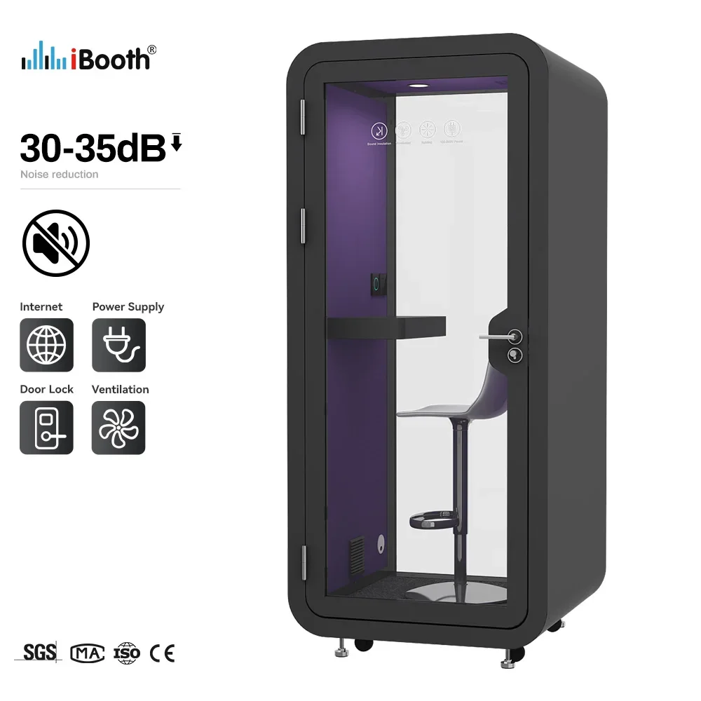 Modern soundproof office kiosk with furnished conference table and sofa