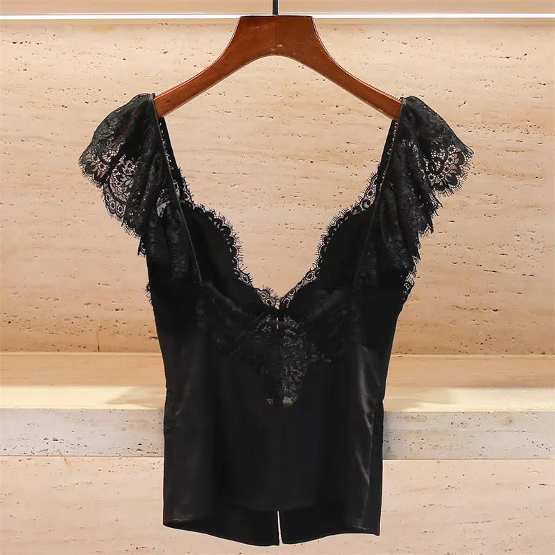 Women's vest New lace patchwork V-neck sleeveless top for spring 2026 Sexy backless Tank top suspender women's corset crop top