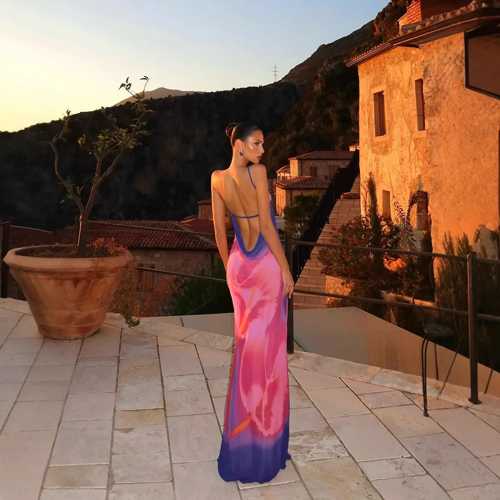 

Women's 2026 New Temperament Asymmetrical Neck Spaghetti Strap Open Back Printed Maxi Dress, Slim Fit Slit Long Dress
