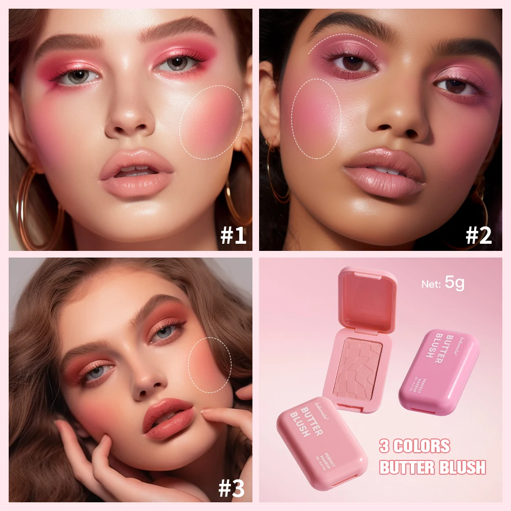 Colorete en polvo de maquillaje profesional, 12 horas, fórmula vegana, colorete de maquillaje en barra, paleta de cosméticos en polvo, crema rosa para cara