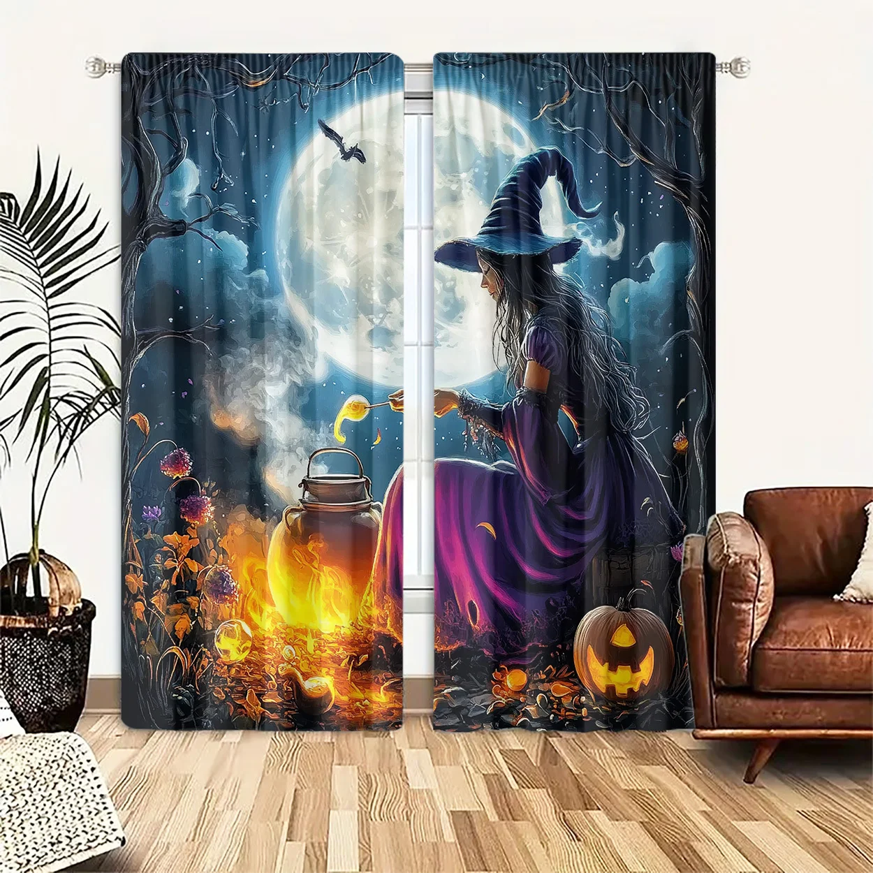 Halloween Witch Cauldron Pumpkin Curtains 2 Panels, Full Moon Bat Dead Tree Magic Pot Spooky Night Gothic Bedroom Curtain