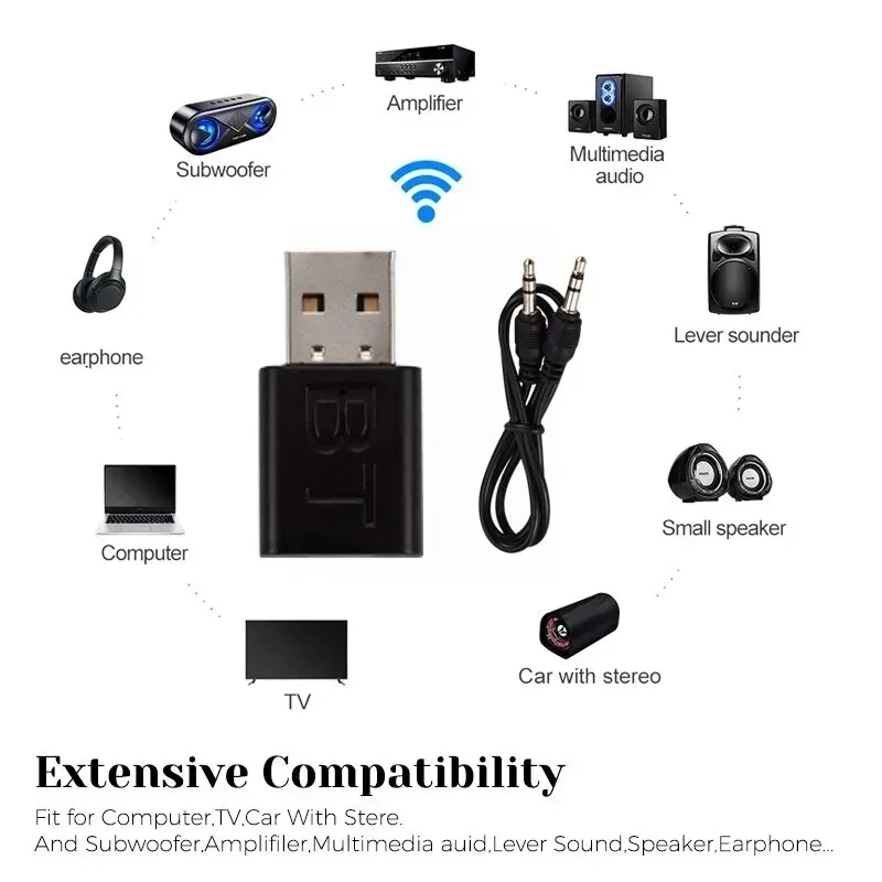 USB 5.0 wireless bluetooth audio transmitter receiver 2 in 1 adapter with 3.5 mm cable, suitable for car TV headset speakers