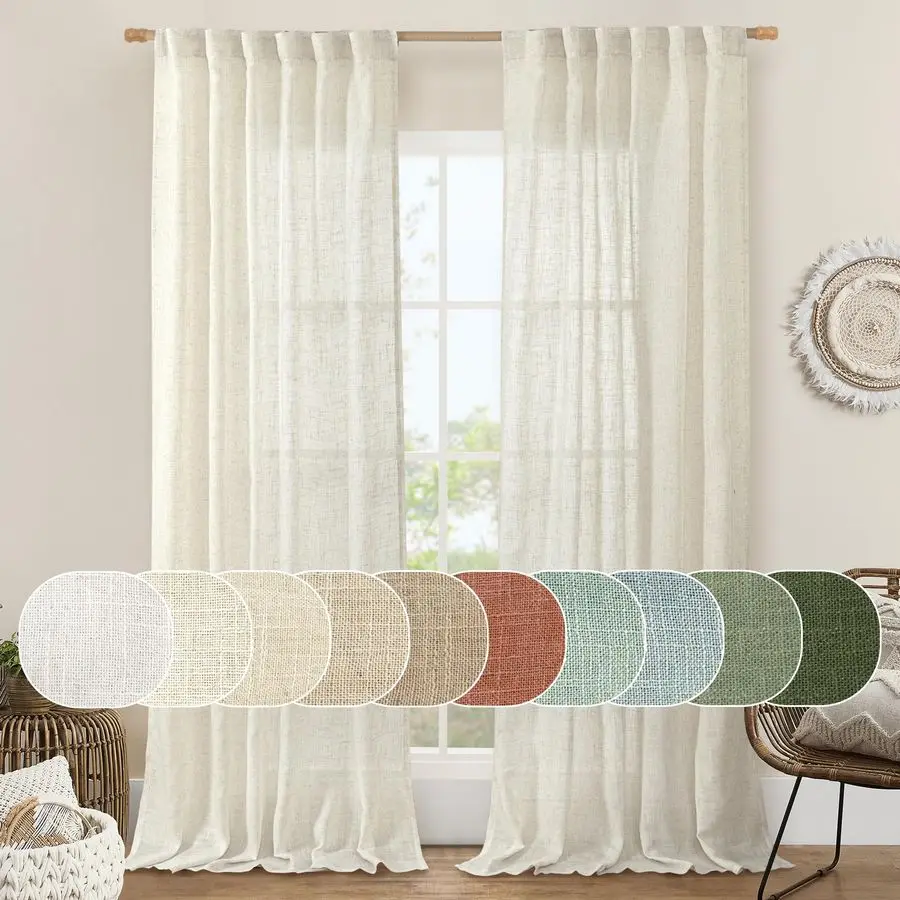 

Ivory 90 Inches Long Linen Sheer Curtains for Living Room, Back Tab and Rod Pocket Nautral Curtains Light Filtering Boho Panels