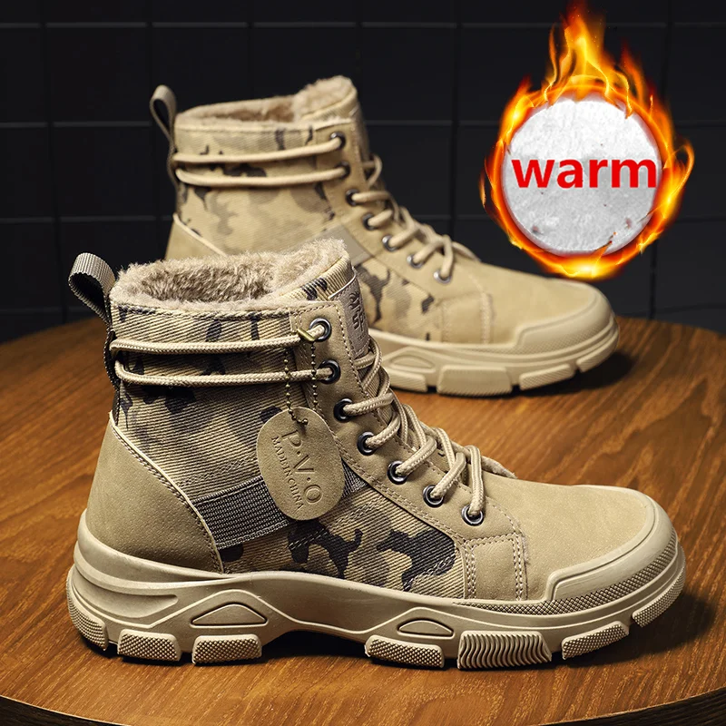 Camouflage Tactical Boots Men | Warm Fur Lined Winter Work Boots | Non-Slip Outdoor Shoes