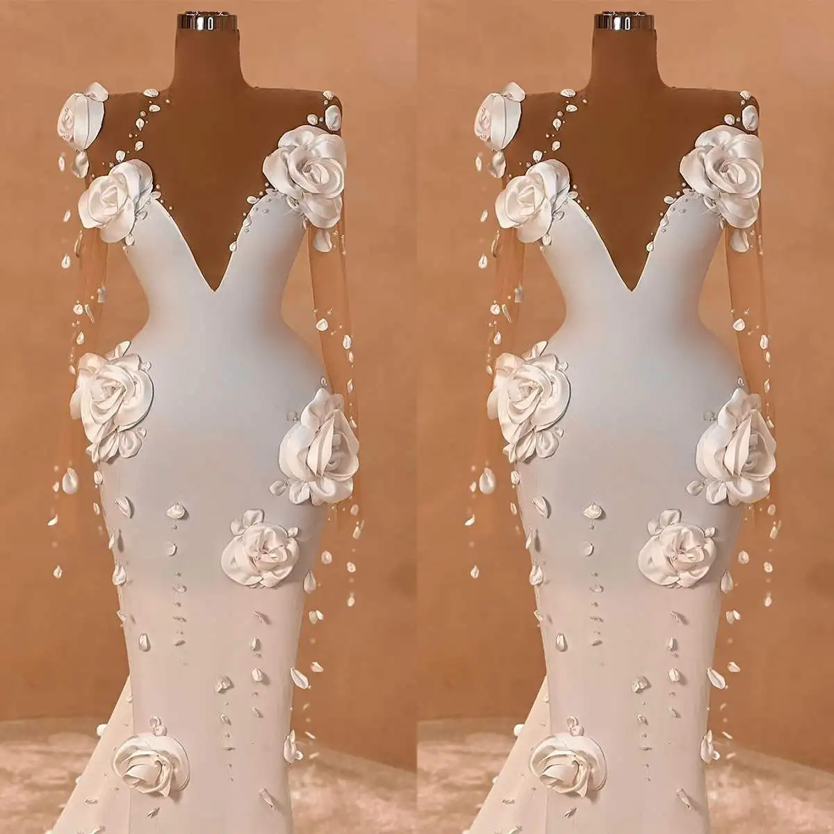 Arabisch plus Größe luxuriöse Meerjungfrau Brautkleid Illusion Langarm Blumen Perlen funkelnde Brautkleider Kleider