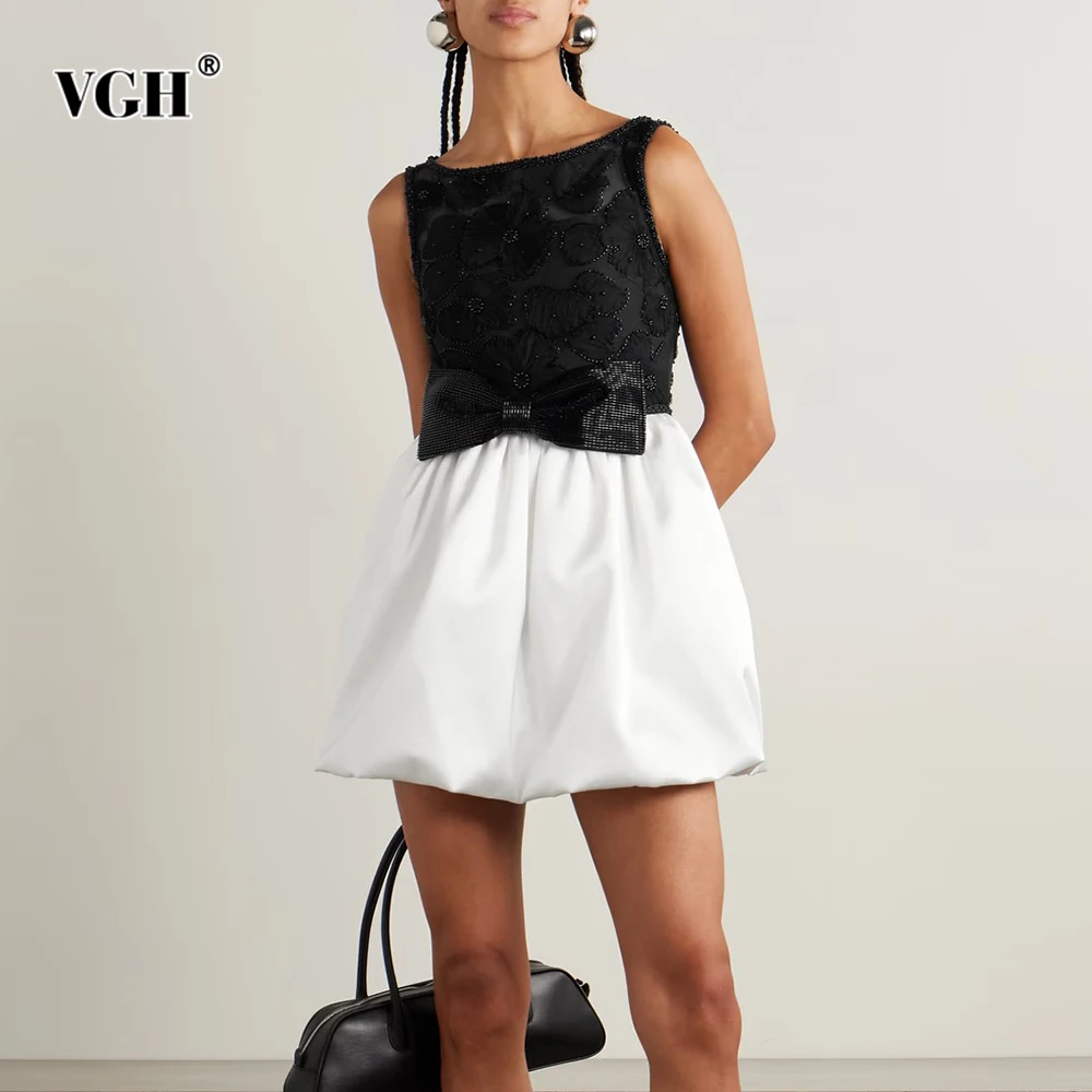 

VGH Elegant Spliced Beading Sundresses for Women O Neck Sleeveless High Waist Patchwork Boknot Sheer Party Ball Gown Female New