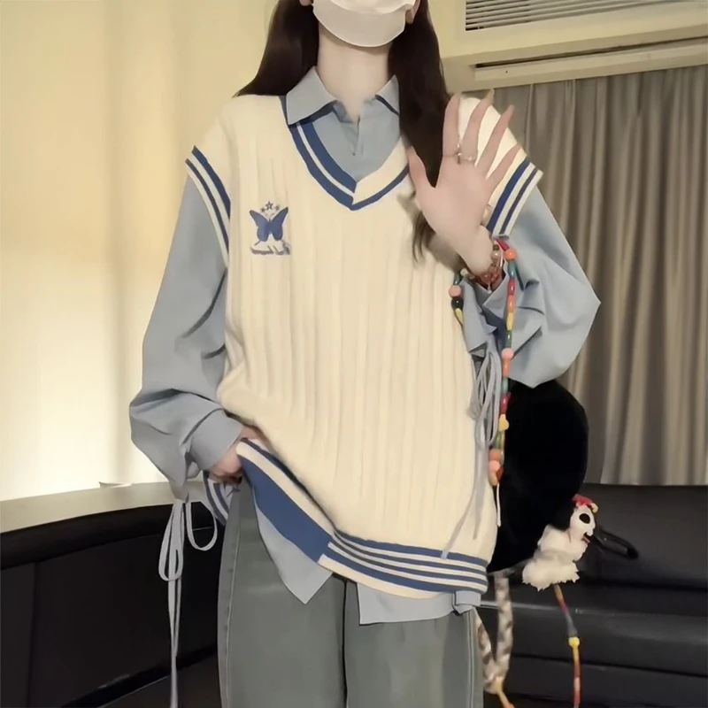 

College Style V-neck Color Blocked Embroidered Knitted Sweater Vest Women's Blue Shirt