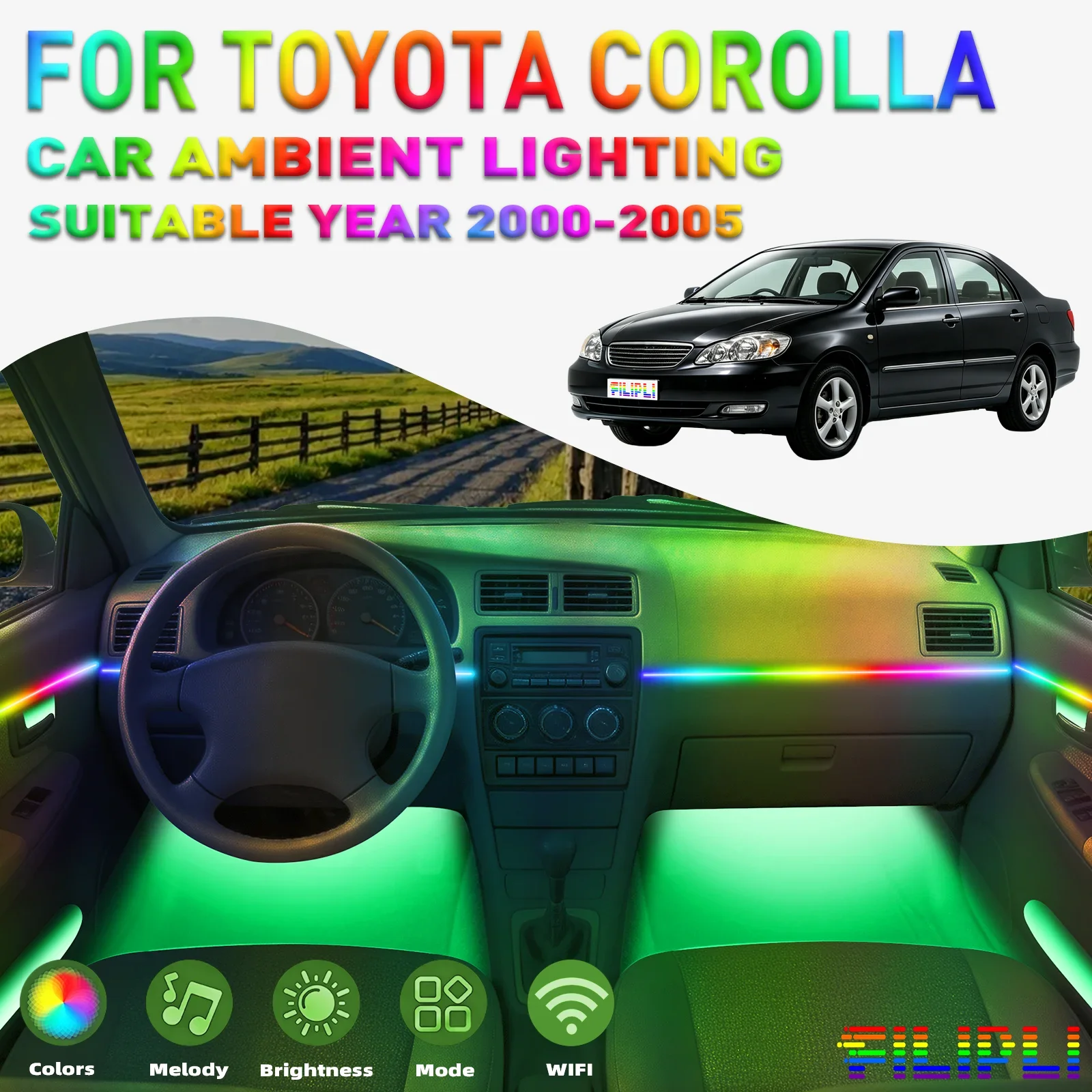 For TOYOTA COROLLA 2000-2005 CAR AMBIENT LIGHTING colorful 6 Lights kit 256 colors iridescent 6 in 1 LED Interior Hidden Acrylic Strip Symphony Atmosphere Lamp Neon acrylic light strip  Lighting and decorative lamps Long Standby Car Decorative Light