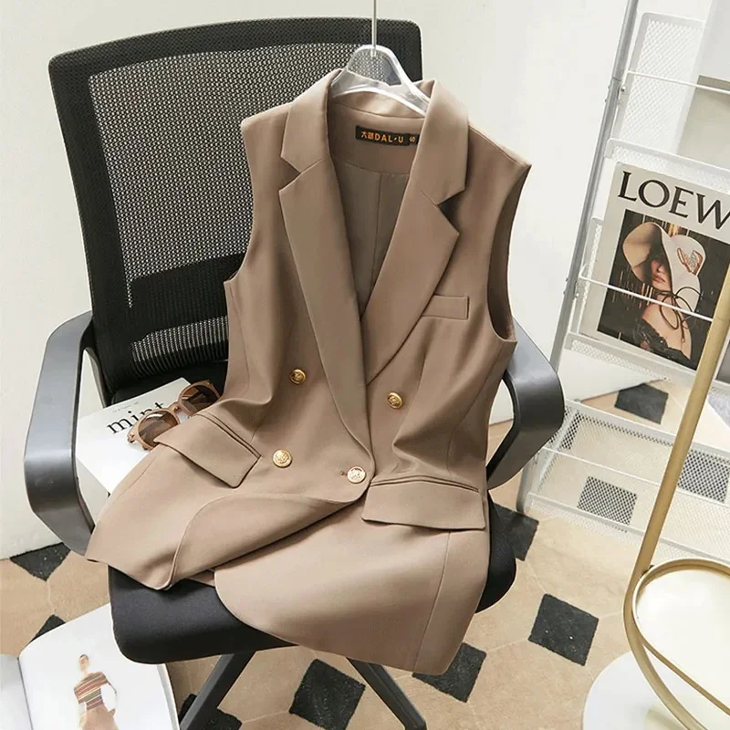 

Lining Suit Vest Coat Female New Style Spring Autumn 2024 Double-Breasted Leisure Blazer Sleeveless Jacket Women's Slim Tank Top