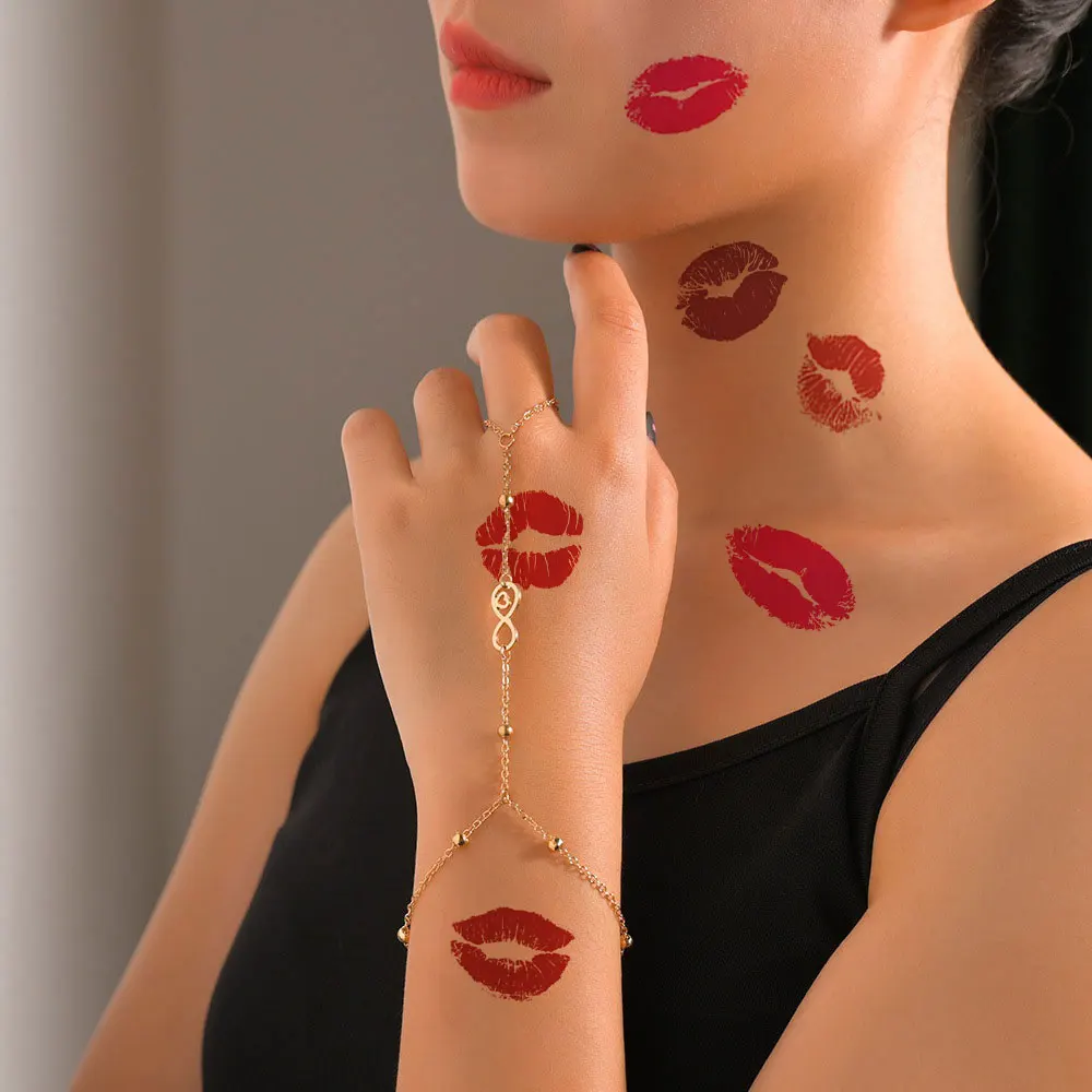 16pcs Red Lip Tattoo Stickers for Women Men Waterproof  Fake Tattoos for Valentine’s Day Suitable for Face Neck Body Art