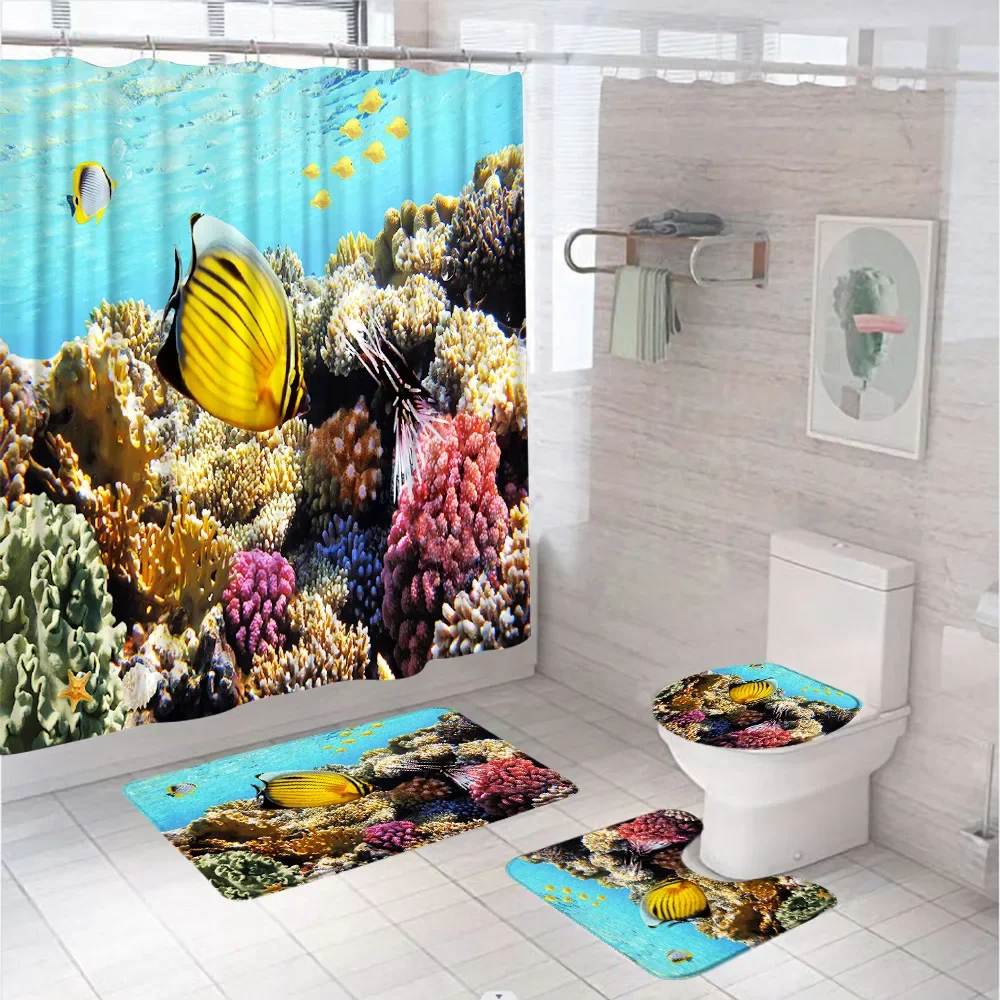 Tropical Fish Shower Curtain Set Blue Ocean Underwater Shark Turtle Octopus Bathroom Curtains Non-Slip Rug Bath Mat Toilet Cover