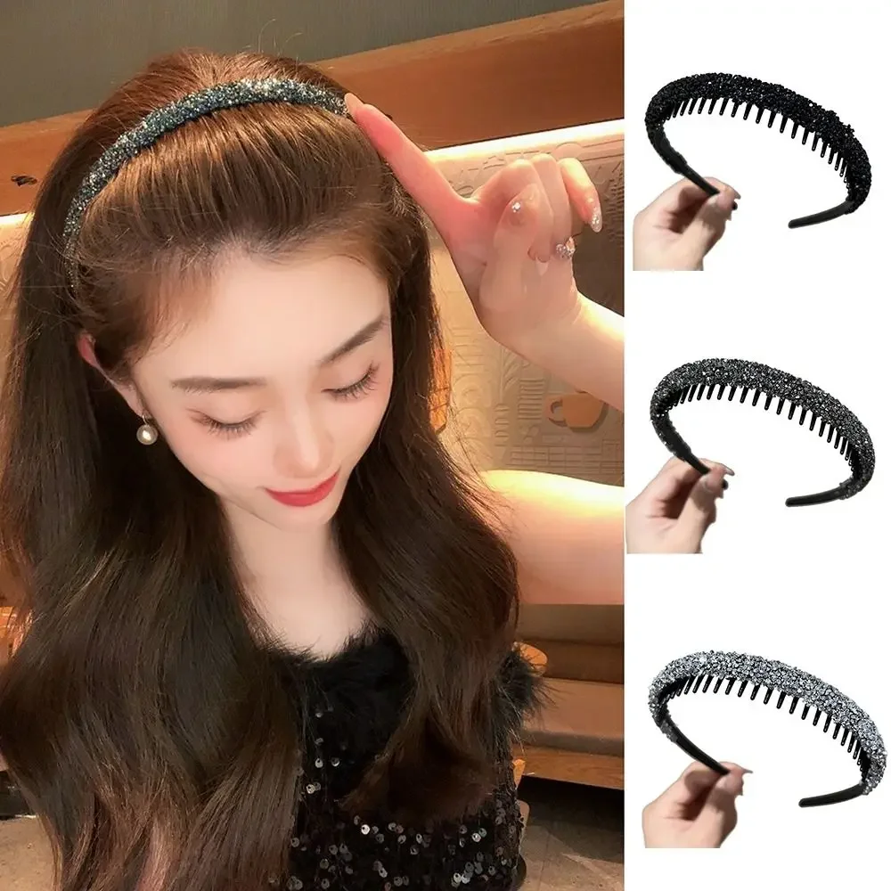 Rhinestone Hair Hoop Fashion Women Headwear Non-slip with Teeth Hairband Shiny Headband Hair Accessories