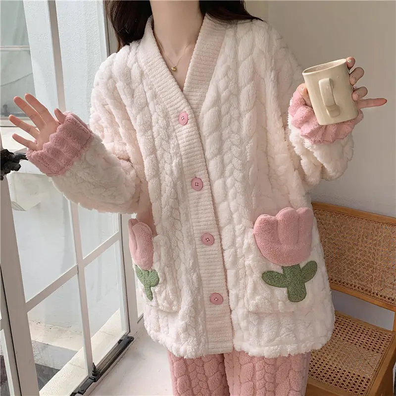 

Fashionable pajamas women winter coral velvet sweet cute thickened velvet flannel women's pajamas home wear set freshing chic