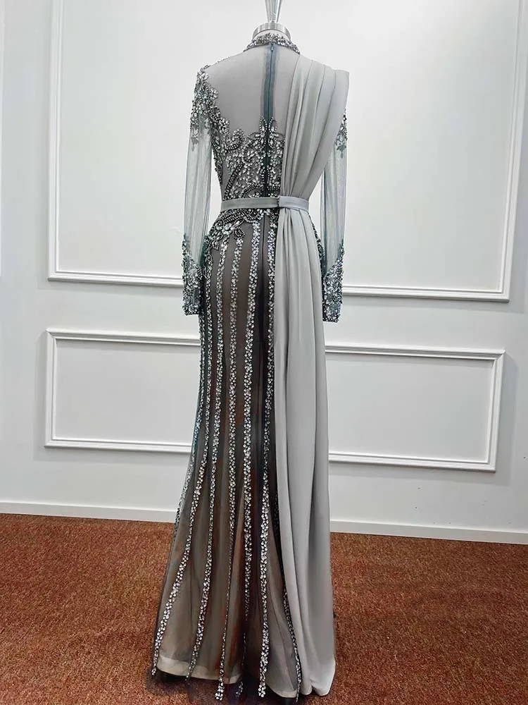 Luxury Dubai Gray Evening Dress 2024 Arabic Exquisite Sequined Crystal Beaded Illusion Formal Party Prom Gown Robe De Soiree