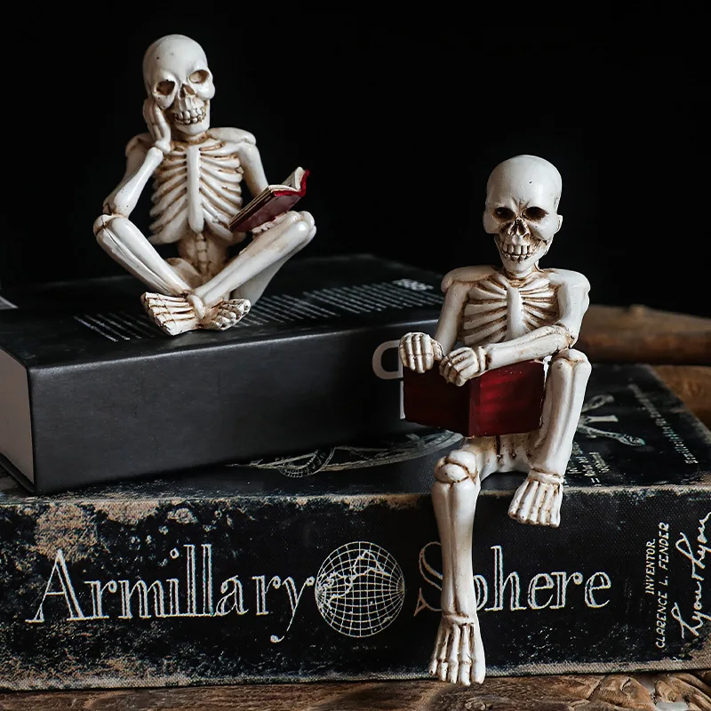 3PCS/SET Resin Halloween Skeleton Reading Vintage Distressed Skull Statue Dark Style Desktop Study Room Home Decor Ornament