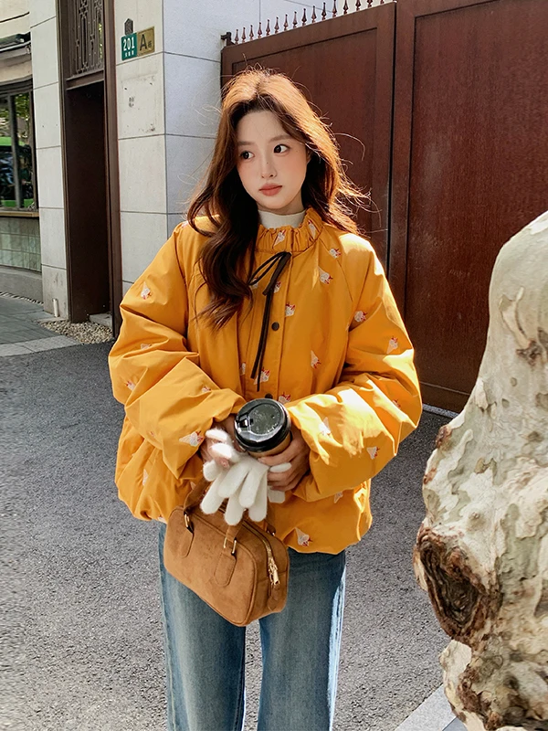 옐로우 자수 아이스 크리스탈 다운 재킷 여성용 겨울 방한 캐주얼 루즈핏 보온성 보장