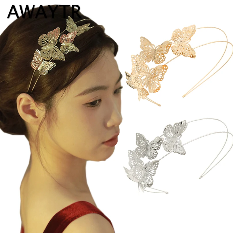 AWAYTR Alloy Hollow Butterfly Headband Fashion Metal Hairband Double Layer Tiara Hair Band  for Women Girls Hair Accessories