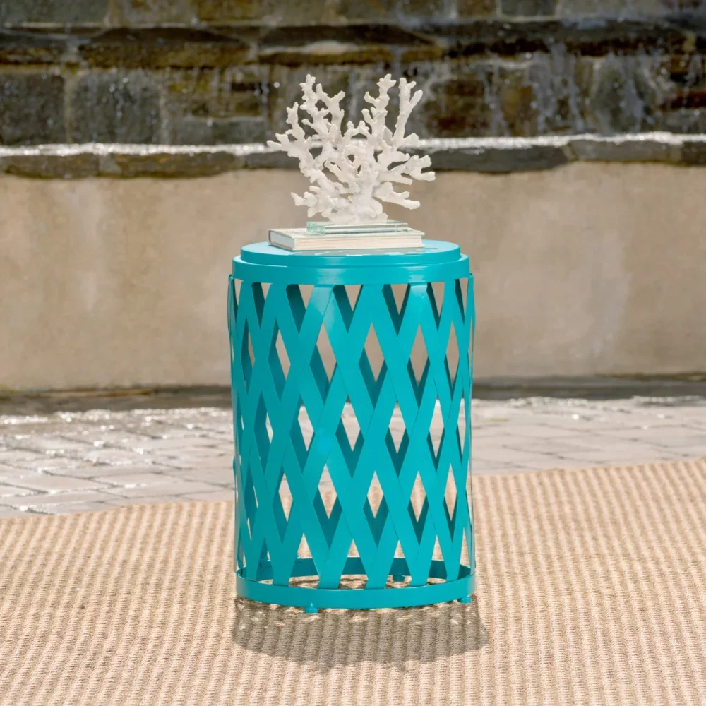 Outdoor 14 Inch Diameter Iron Side Table, Teal