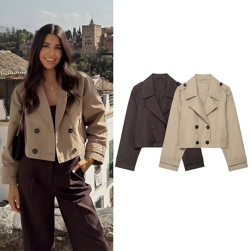 Women's Fashion Double Breasted Short Trench Coat Turn-down Collar Long Sleeve Coats Vintage Female Outerwear Chic Tops