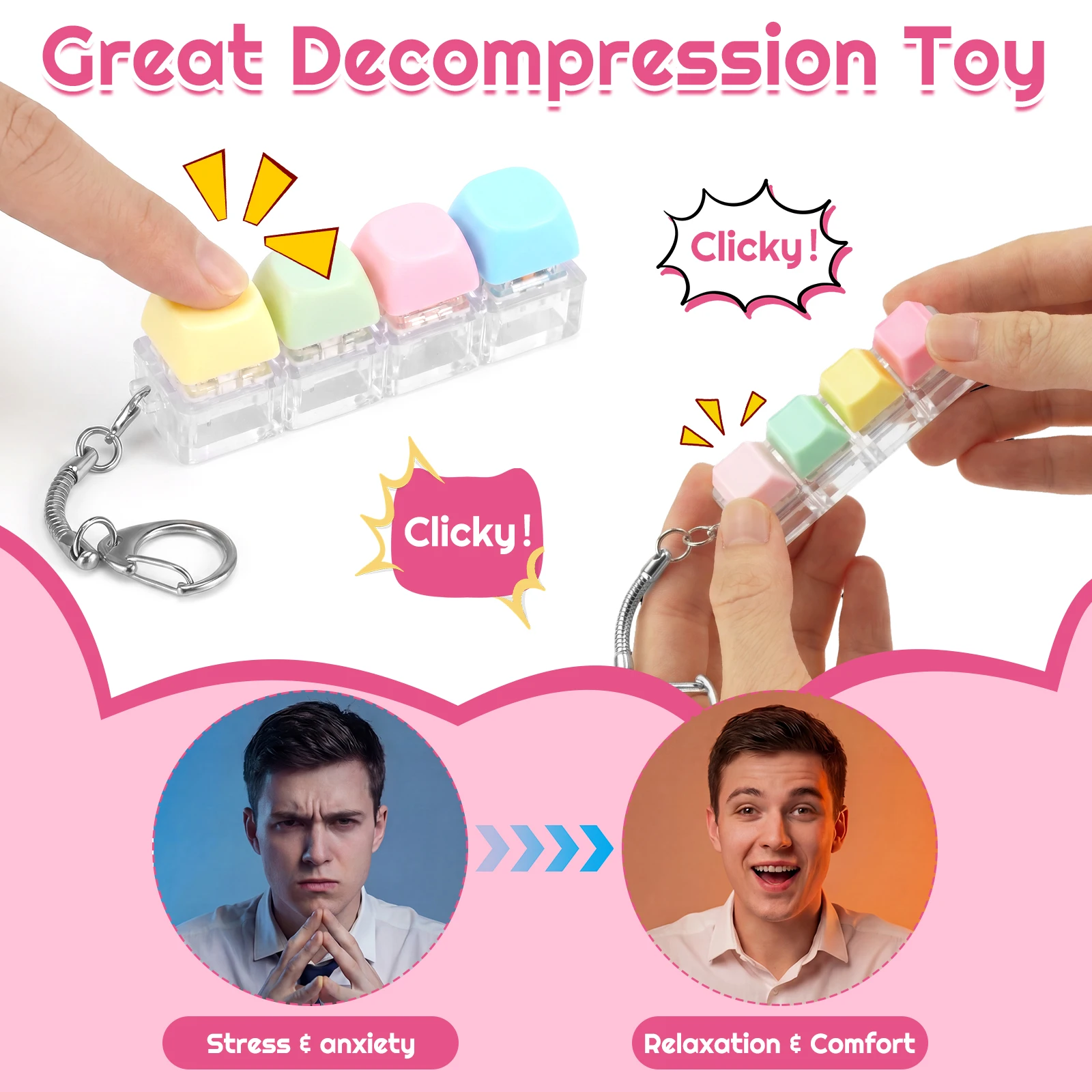 4 Pack Key Board Clickers 4 In 1 Key Board Keychains Portable Button Stress Relief Finger Clickers Focus Boost Gadget for Office