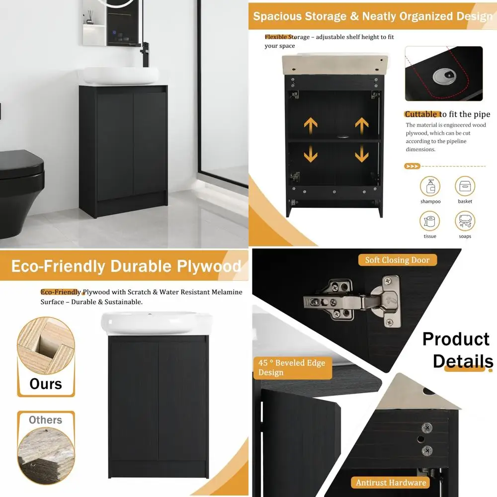 

Современный 23-дюймовый черный отдельно стоящий туалетный столик с одной раковиной и шкафом