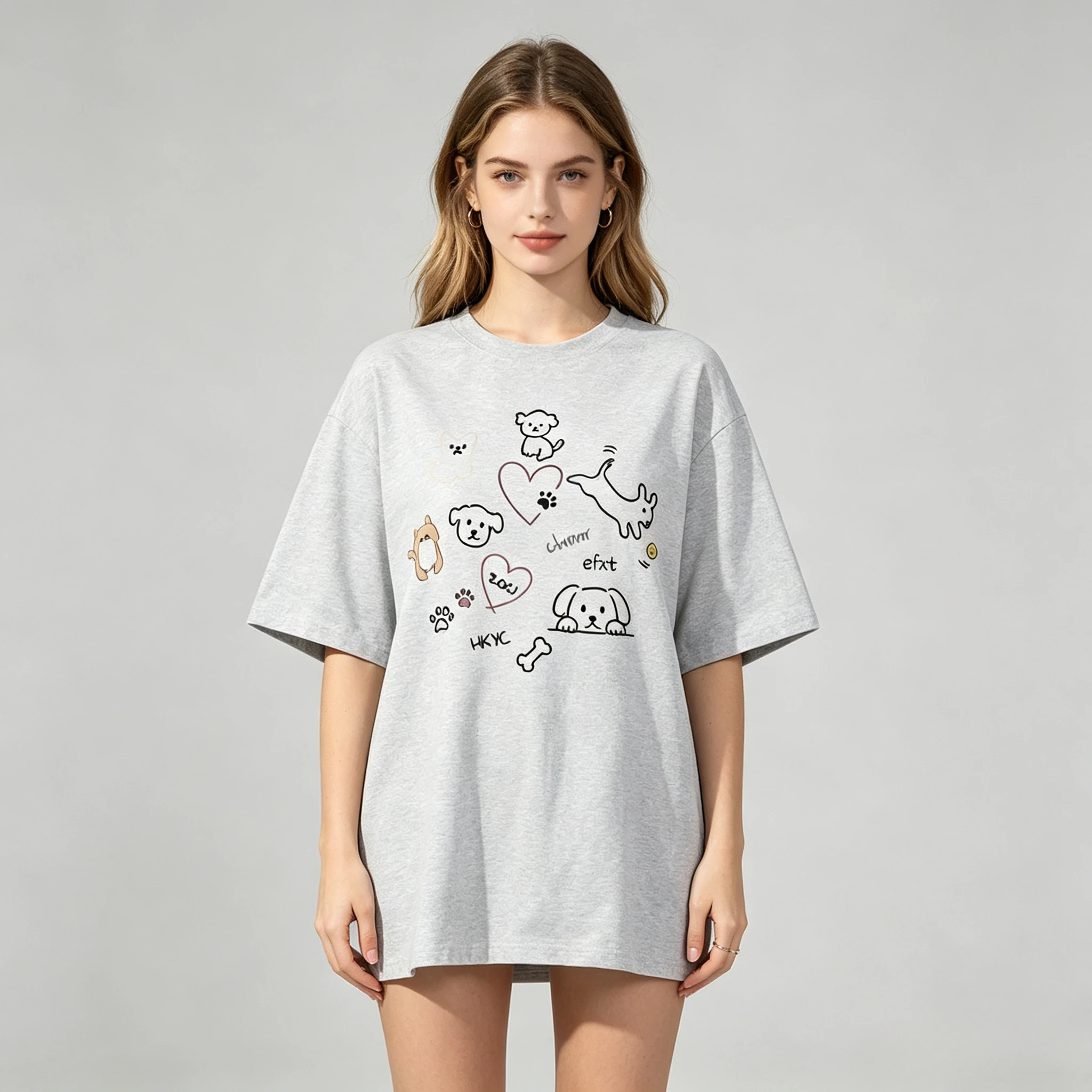 Cotton  100% Women Summer Cute Dog Graphic T‑Shirt, Doodle Puppy Paw Heart Print Casual Short Sleeve O‑Neck Ladies Daily Tees