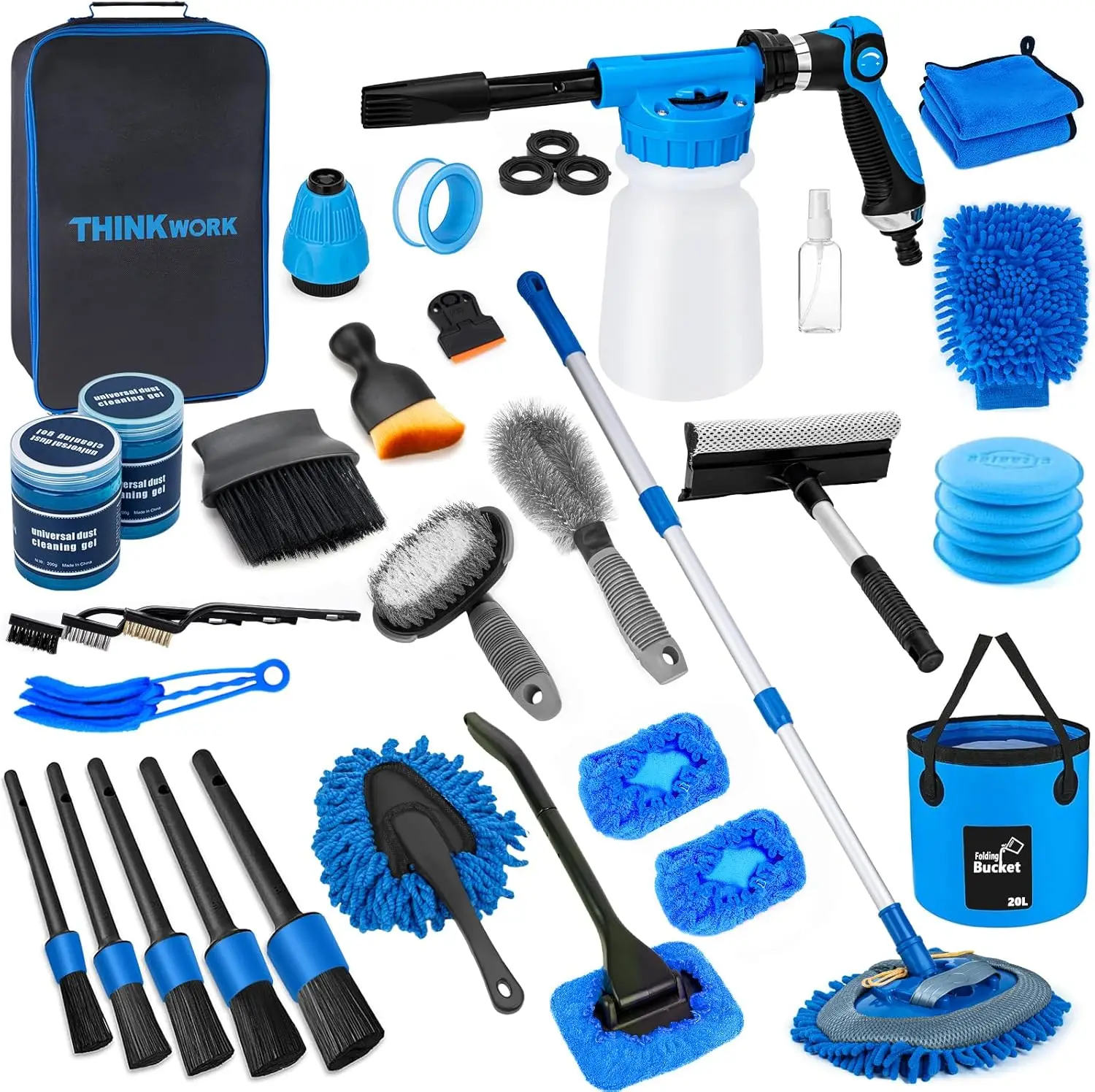 

Complete Car Wash Kit with Foam Gun, Brushes, and Folding Bucket for Interior and Exterior Cleaning