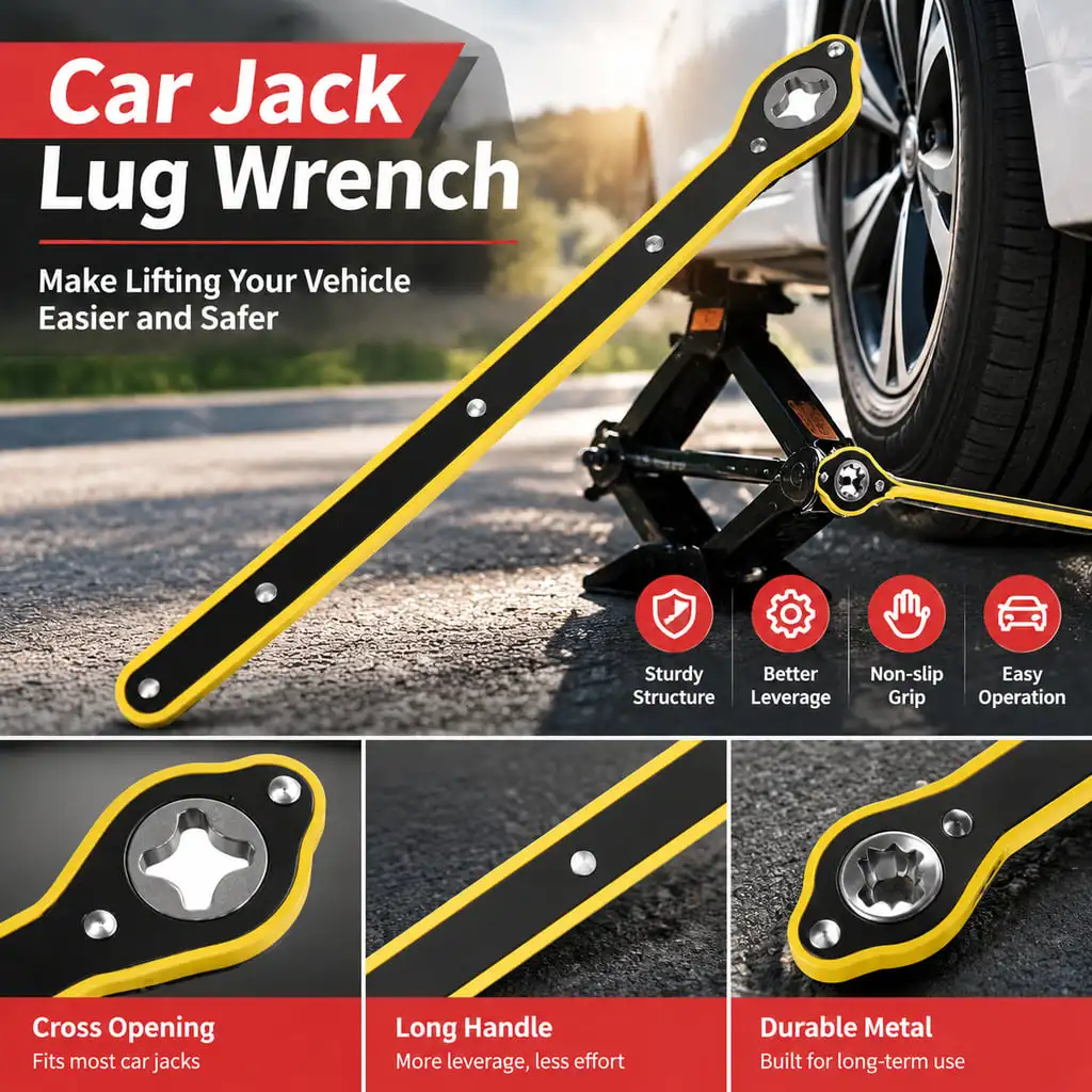 Llave de manija para gato de coche tipo cruzado PINMOAP con palanca larga, empuñadura antideslizante negra y amarilla para coches, SUVs y MPVs, herramienta para cambio de neumáticos.