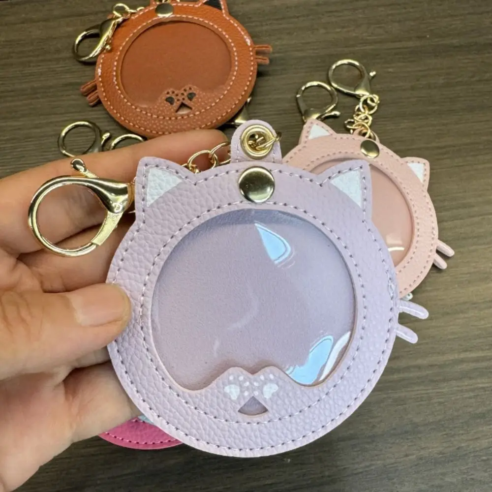Badge Holder Mini Badge Display Pouch Cat Shape Clear Window Badge Protector Keychain Portable Cartoon Key Chain Pendant Student