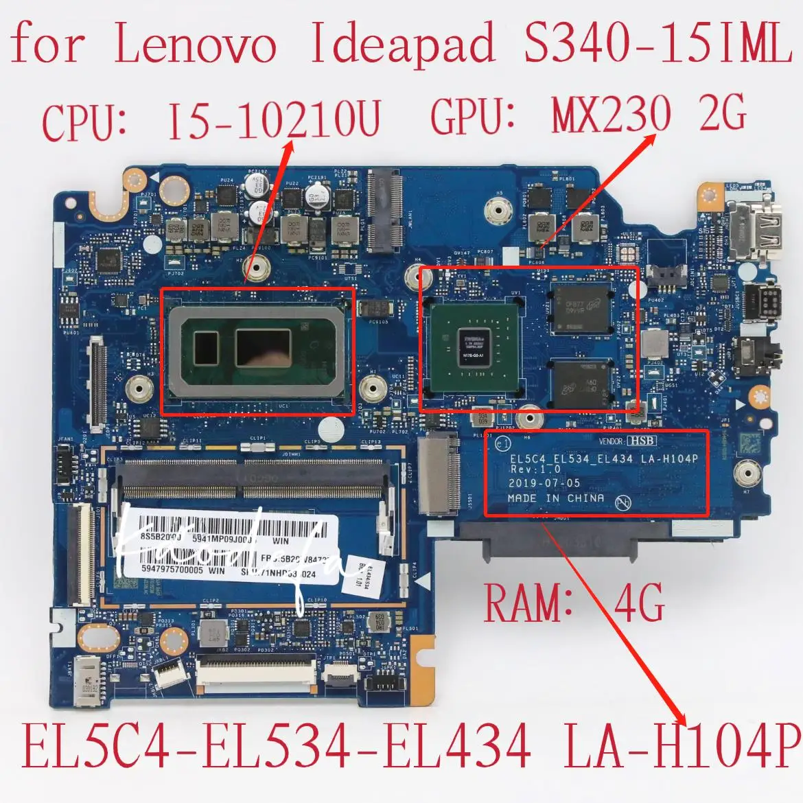 

For Lenovo IdeaPad S340-15IML Laptop Motherboard CPU:I5-10210U GPU:MX230 2G RAM:4G LA-H104P FRU:5B20W84738 5B20W84737 5B20W84728