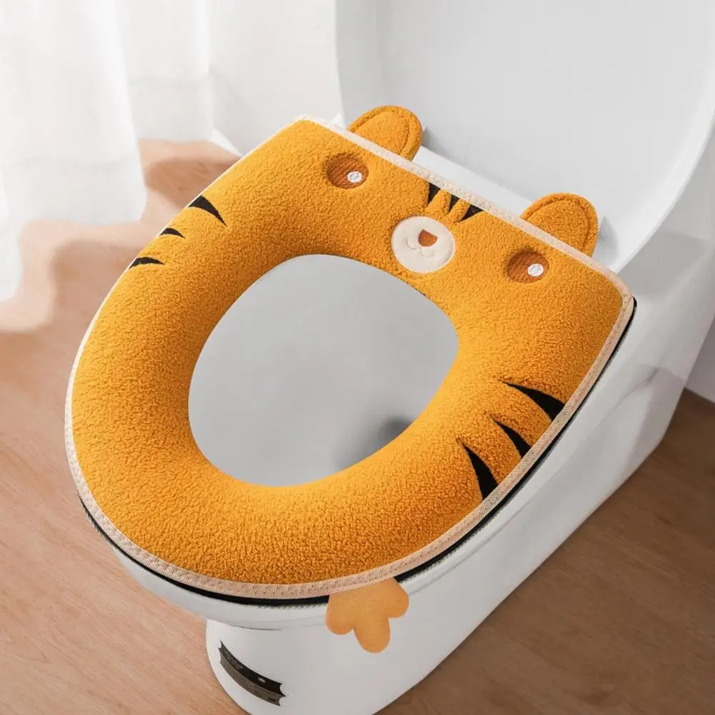 Toilet Seat Cover Elastic Zipper Closure Embroidery Tiger Shape Flannel Toilet Seat Cushion with Handle Bathroom Accessories