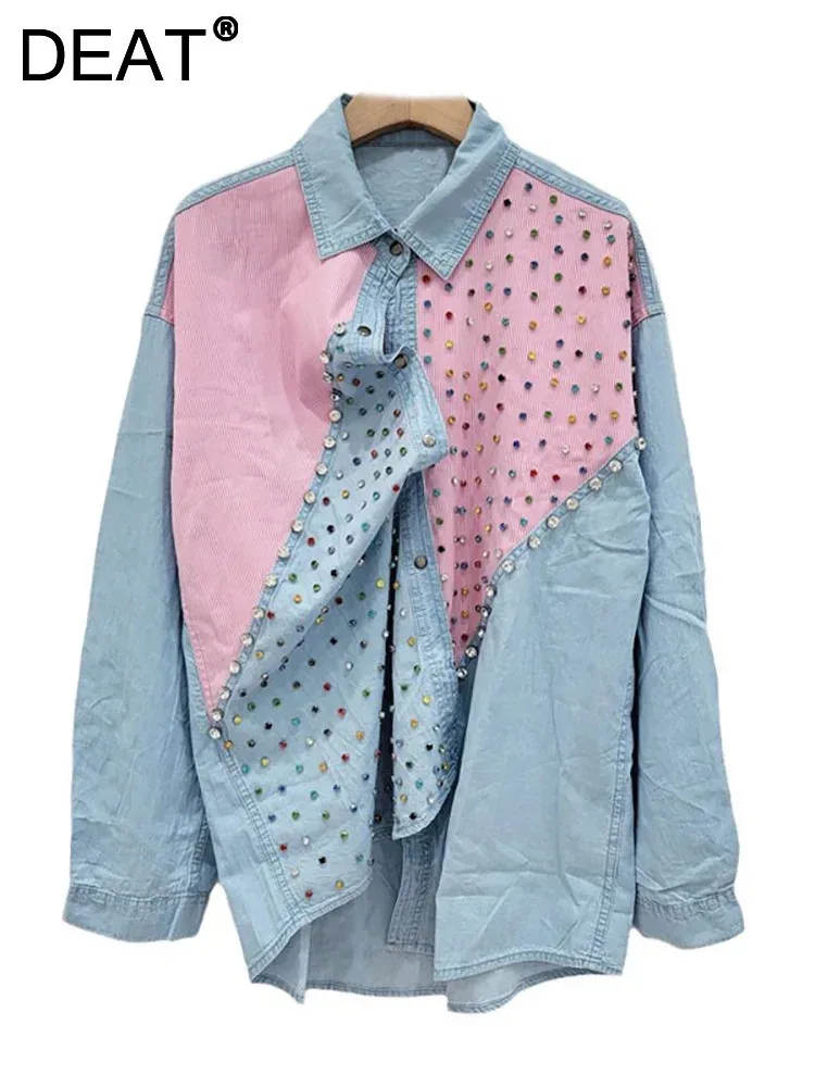 

DEAT Women Denim Shirts Contrast Color Patchwork Diamonds Pink Blue Loose Single Breasted Blouse 2024 Autumn New Fashion 33A1510