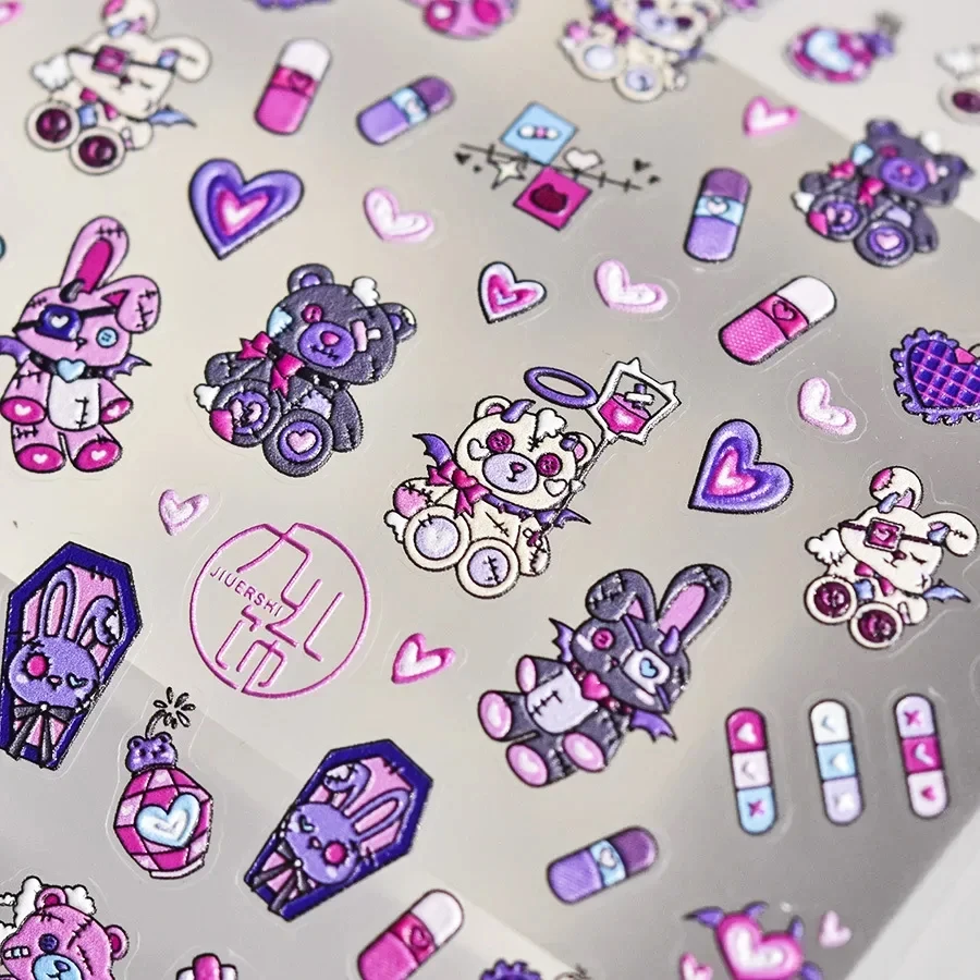 Magic Diablo Rabbit Bear Y2K Darkness Capsule Drug Wound Bunny Love Heart Purple Self Adhesive Nail Art Stickers Manicure Decals