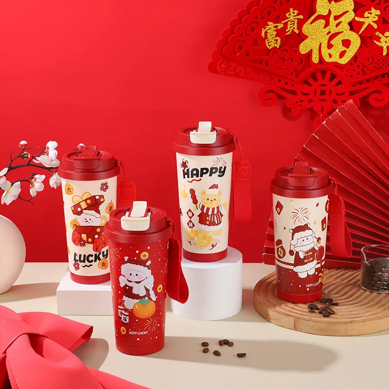 

Stainless Steel New Year Element Printed Double Drink Coffee Insulated Mug Chinese Red CNY Gift Thermos Bottle Coffee Cup Mugs