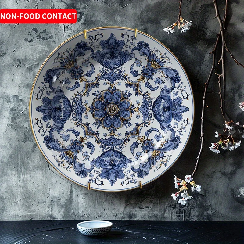 Elegant Blue and White Ceramic Decorative Plate - Vintage Chinese Porcelain Round Wall Art Display Suitable for Home, Weddings,
