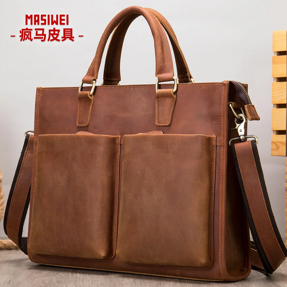 Bolsa de Ombro de Couro Genuíno para Homens Louco Couro Cavalo Maleta de Negócios, Bolsa Personalizada Retro de Alta Qualidade, Nova